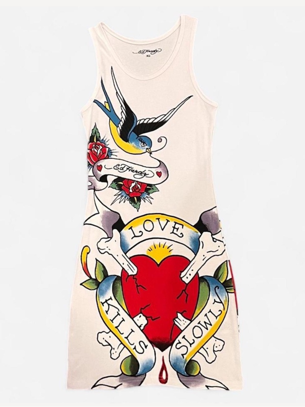 Ed Hardy White Tank Dress with Red Heart & Blue Swallow